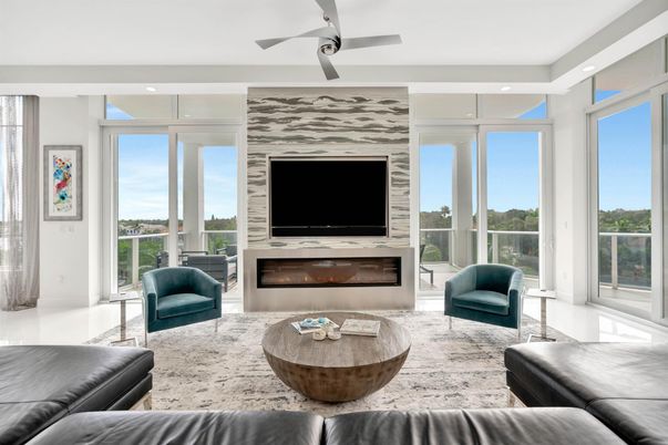 Fireplace, Interior, Living room, Recessed Lighting, Stone Walls