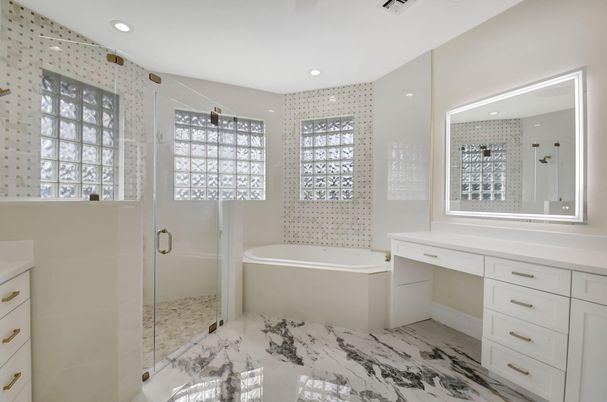 Bathroom, Glass Shower, Interior, Marble, Recessed Lighting