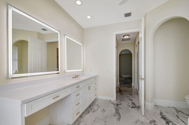 Bathroom, Dual Sink Vanities, Interior, Marble, Recessed Lighting