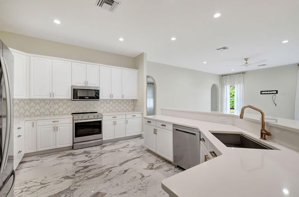 Interior, Kitchen, Marble, Recessed Lighting, Stainless Steel Appliances