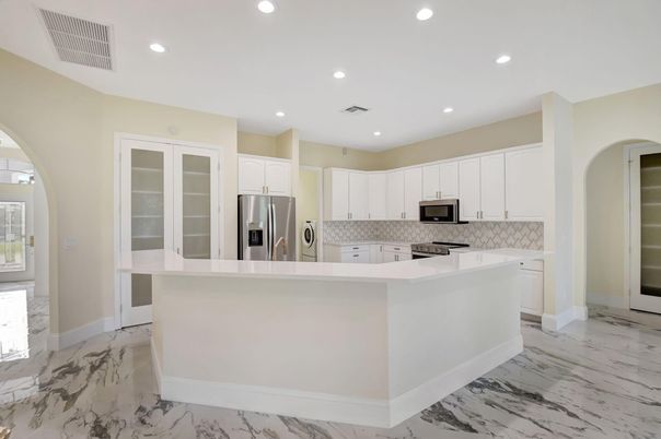 Interior, Kitchen, Marble, Recessed Lighting, Stainless Steel Appliances