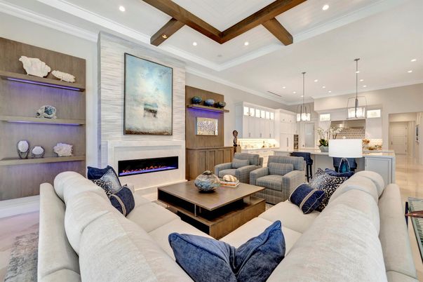 Fireplace, Interior, Kitchen, Living room, Pendant Lights, Recessed Lighting, Wooden Beams