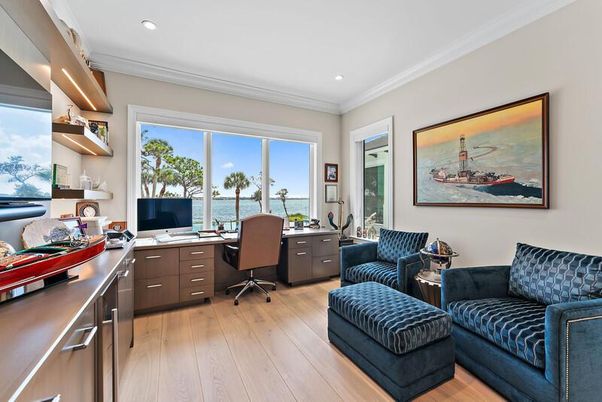 Home Office, Interior, Recessed Lighting, Water, Wood Texture Flooring