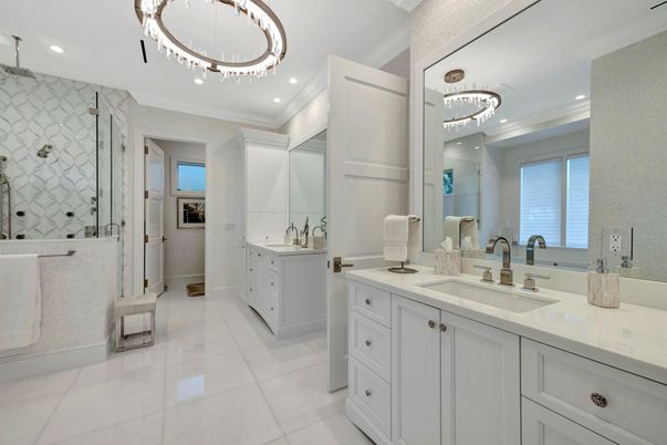 Bathroom, Chandelier, Dual Sink Vanities, Interior, Recessed Lighting