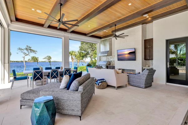 Fireplace, Interior, Living room, Recessed Lighting, Water, Wooden Beams, Wooden Ceilings