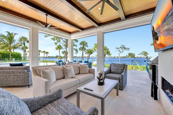 Fireplace, Interior, Living room, Recessed Lighting, Sun Room, Water, Wooden Beams, Wooden Ceilings