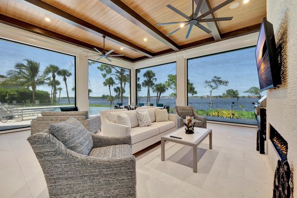 Fireplace, Interior, Living room, Recessed Lighting, Sun Room, Water, Wooden Beams, Wooden Ceilings