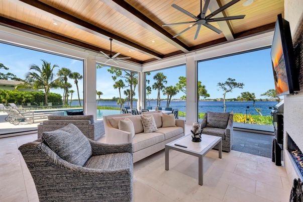 Fireplace, Interior, Living room, Recessed Lighting, Sun Room, Water, Wooden Beams, Wooden Ceilings