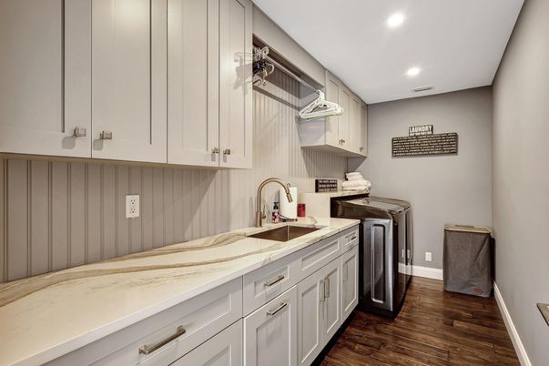 Interior, Kitchen, Recessed Lighting, Washer, Wood Texture Flooring