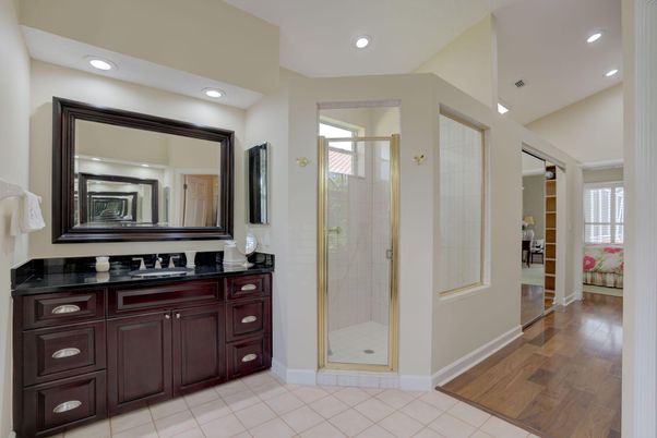 Bathroom, Glass Shower, Interior, Recessed Lighting, Wood Texture Flooring