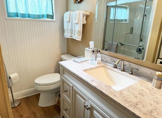 Bathroom, Glass Shower, Interior, Wood Texture Flooring