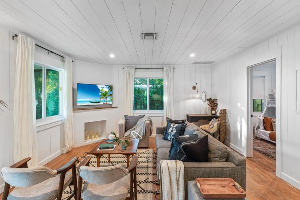 Fireplace, Interior, Living room, Recessed Lighting, Wood Texture Flooring