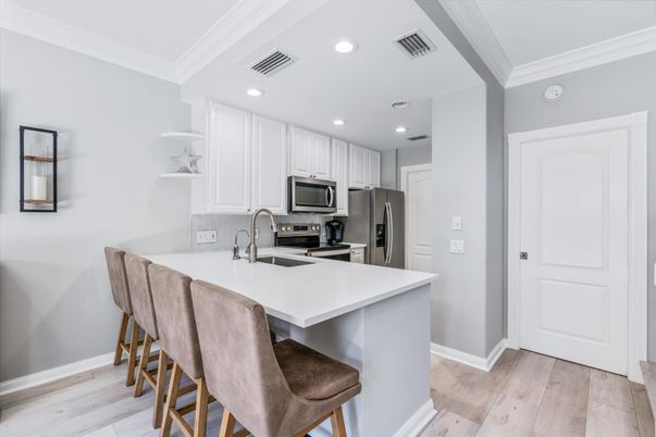 Interior, Kitchen, Recessed Lighting, Stainless Steel Appliances, Wood Texture Flooring