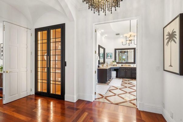 Bathroom, Chandelier, Interior, Pendant Lights, Wood Texture Flooring