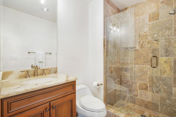 Bathroom, Glass Shower, Interior, Recessed Lighting, Stone Walls