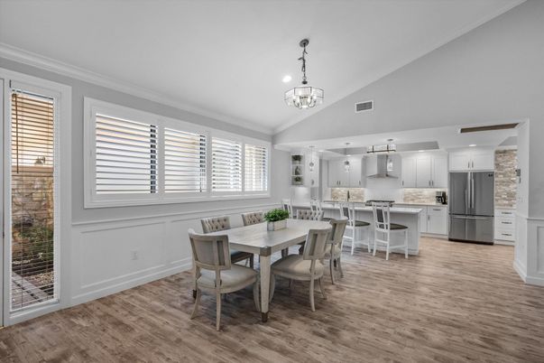 Chandelier, Dining room, Interior, Kitchen, Pendant Lights, Stainless Steel Appliances, Wood Texture Flooring