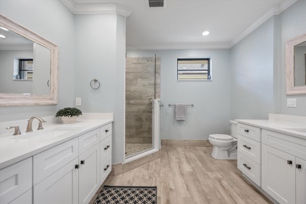 Bathroom, Glass Shower, Interior, Recessed Lighting, Wood Texture Flooring