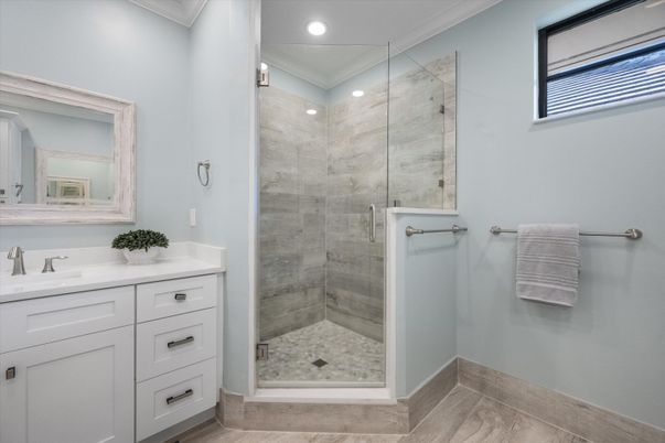 Bathroom, Glass Shower, Interior, Recessed Lighting