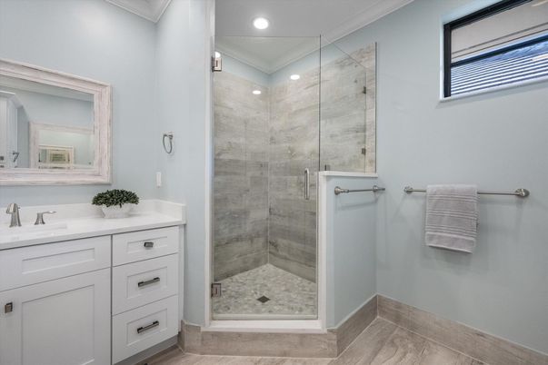 Bathroom, Glass Shower, Interior, Recessed Lighting, Wood Texture Flooring