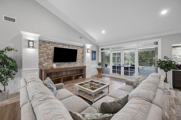 Interior, Living room, Recessed Lighting, Stone Walls, Wood Texture Flooring