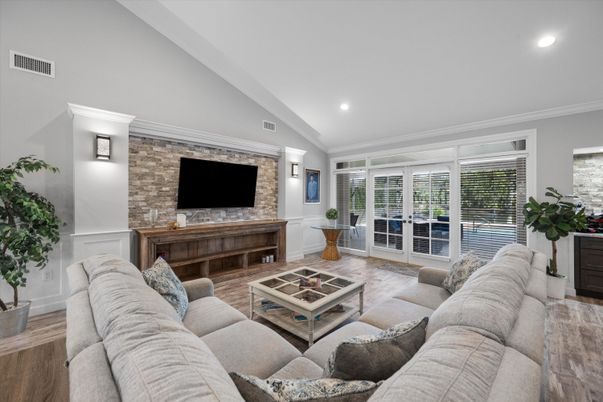 Interior, Living room, Recessed Lighting, Stone Walls, Wood Texture Flooring