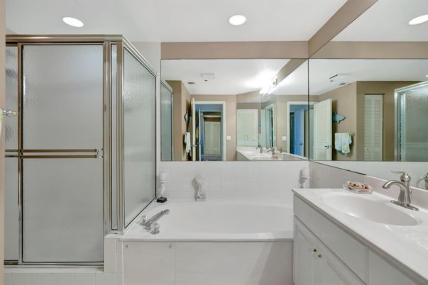Bathroom, Dual Sink Vanities, Glass Shower, Interior, Recessed Lighting