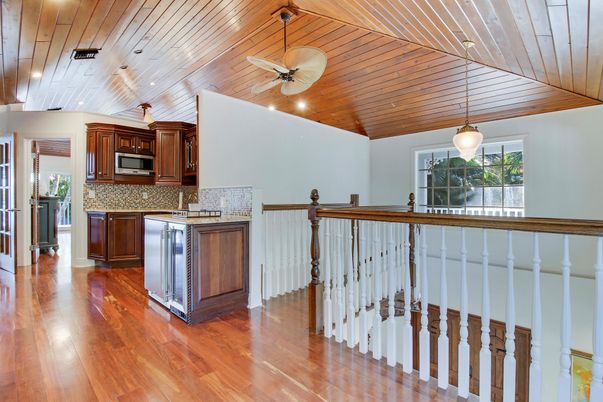 Interior, Kitchen, Pendant Lights, Recessed Lighting, Stainless Steel Appliances, Wooden Ceilings, Wood Texture Flooring