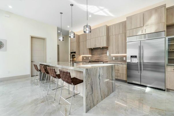 Interior, Kitchen, Marble, Pendant Lights, Recessed Lighting, Stainless Steel Appliances
