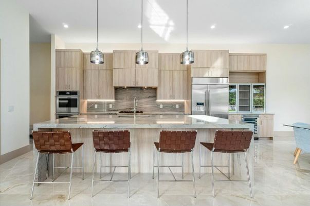 Interior, Kitchen, Marble, Pendant Lights, Recessed Lighting, Stainless Steel Appliances
