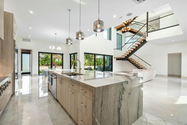 Dining room, Interior, Kitchen, Marble, Pendant Lights, Recessed Lighting, Stainless Steel Appliances