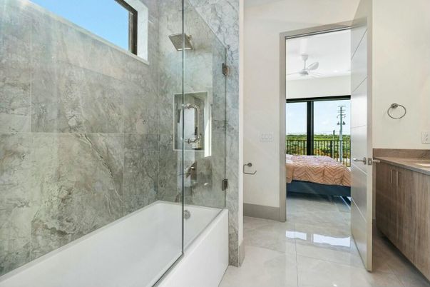 Bathroom, Glass Shower, Interior, Marble Walls, Recessed Lighting