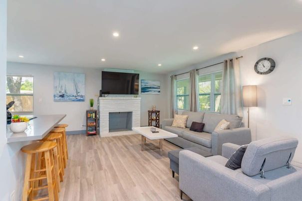 Fireplace, Interior, Living room, Recessed Lighting, Wood Texture Flooring