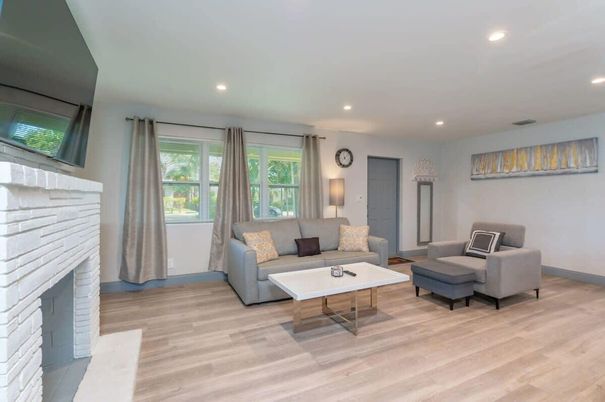 Fireplace, Interior, Living room, Recessed Lighting, Wood Texture Flooring