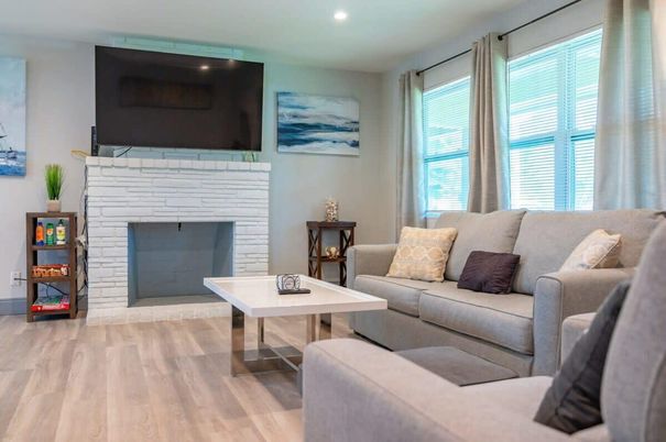 Fireplace, Interior, Living room, Recessed Lighting, Wood Texture Flooring