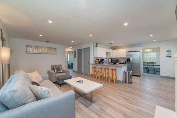 Interior, Kitchen, Living room, Recessed Lighting, Stainless Steel Appliances, Wood Texture Flooring