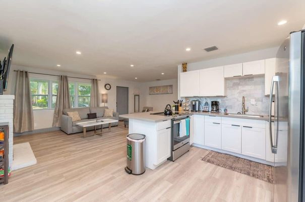 Interior, Kitchen, Living room, Recessed Lighting, Stainless Steel Appliances, Wood Texture Flooring