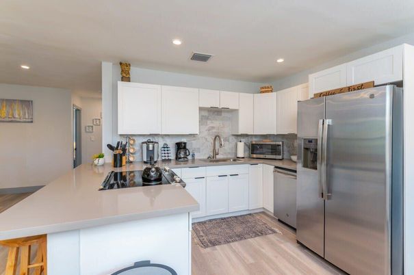 Interior, Kitchen, Recessed Lighting, Stainless Steel Appliances, Wood Texture Flooring