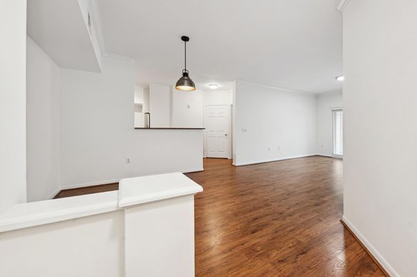 Empty room, Interior, Kitchen, Pendant Lights, Recessed Lighting, Wood Texture Flooring
