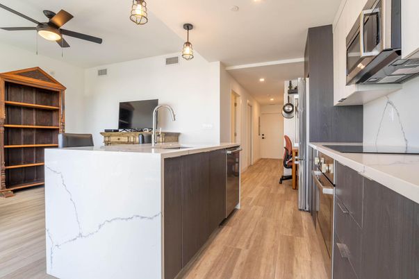 Interior, Kitchen, Pendant Lights, Recessed Lighting, Wood Texture Flooring