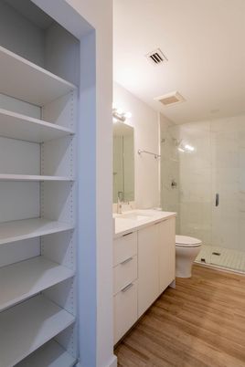 Bathroom, Interior, Marble Walls, Wood Texture Flooring
