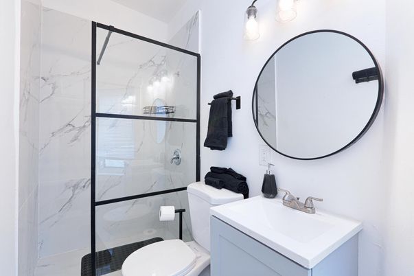 Bathroom, Glass Shower, Interior, Marble Walls