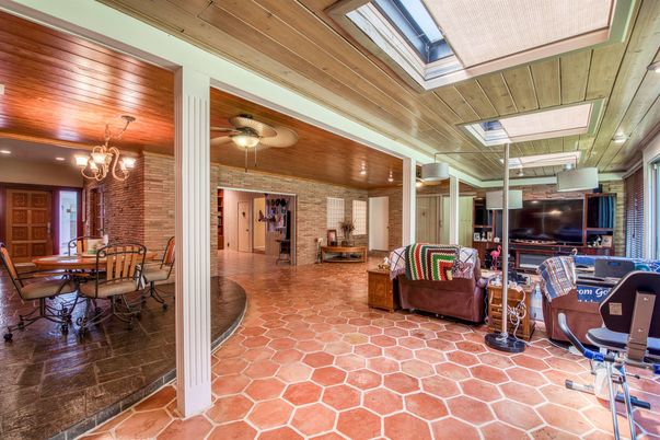 Interior, Living room, Recessed Lighting, Stone Walls, Wooden Ceilings