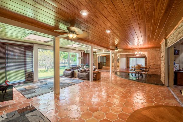 Billiard Table, Dining room, Fitness Equipment, Game Room, Interior, Pendant Lights, Recessed Lighting, Stone Walls, Wooden Ceilings