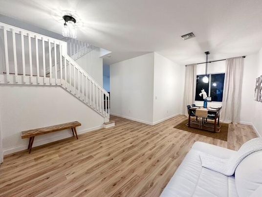 Dining room, Interior, Pendant Lights, Wood Texture Flooring