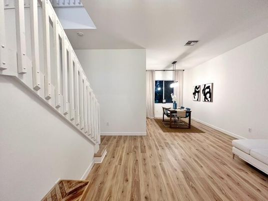 Dining room, Interior, Pendant Lights, Wood Texture Flooring