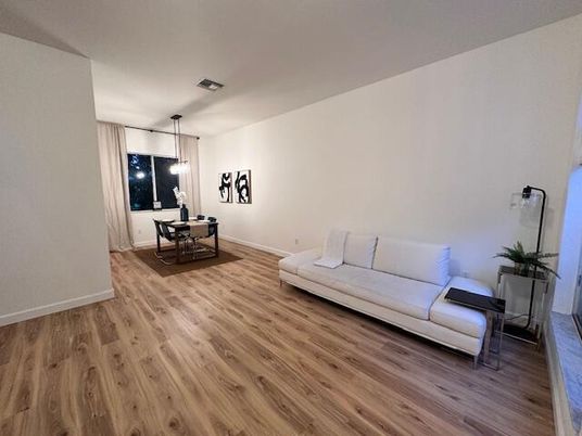 Dining room, Interior, Living room, Pendant Lights, Wood Texture Flooring