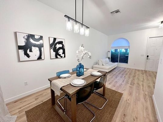 Dining room, Interior, Pendant Lights, Wood Texture Flooring
