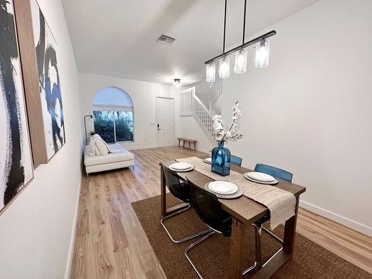 Dining room, Interior, Pendant Lights, Wood Texture Flooring