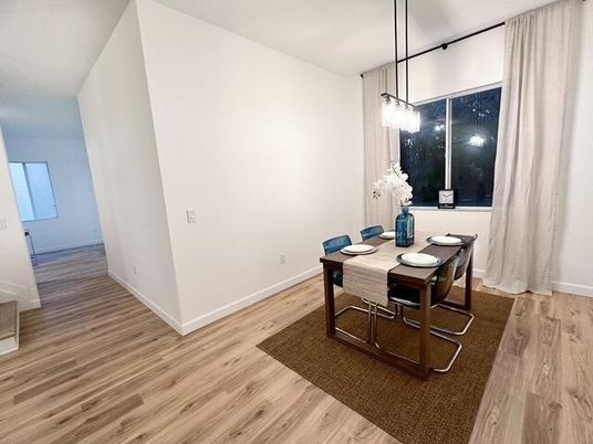 Dining room, Interior, Pendant Lights, Wood Texture Flooring