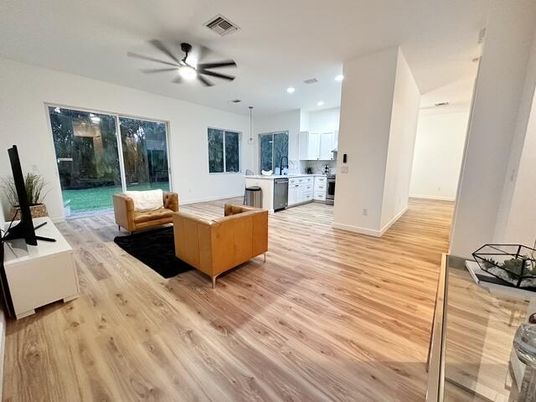 Interior, Kitchen, Living room, Recessed Lighting, Wood Texture Flooring